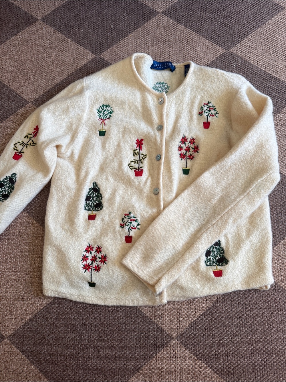 Karen Scott Cream Button-Front Sweater with Red & Green Embroidered Topiary